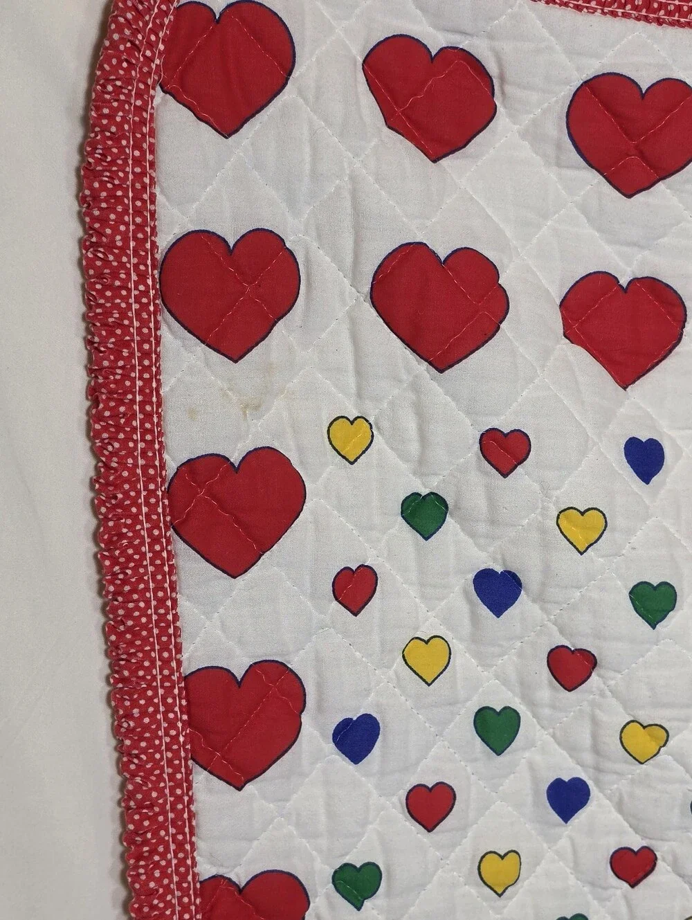 Vtg 1980s Sears Red Calliope Baby Crib Quilt Blanket Blue Elephant Hearts Ruffle